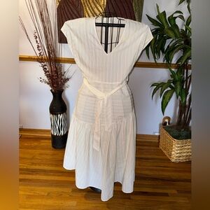 ZARA Cream Textured V-Neck Tie Waist Midi Dress